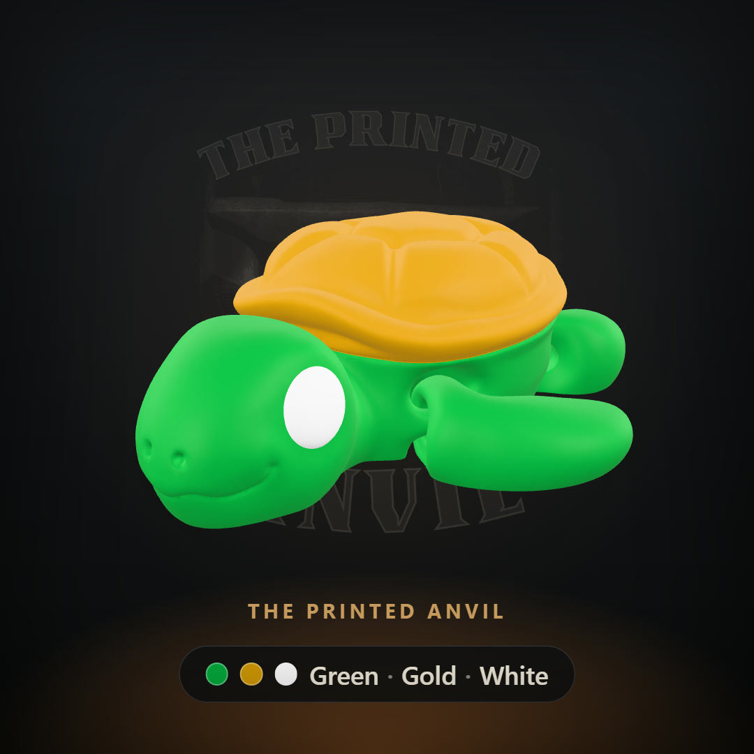 A green, gold and white Baby Turtle turning on a forge stage